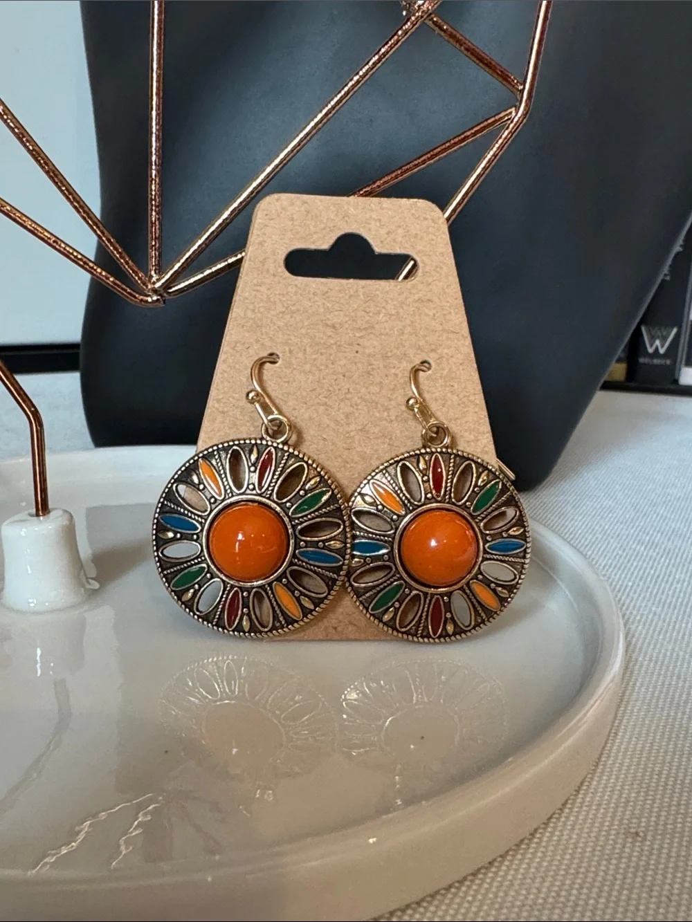 Boho Sunburst Orange Multi-Color Drop Earrings